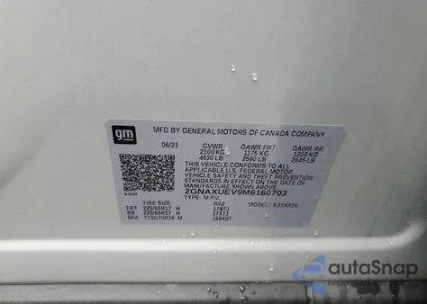 2021 Chevrolet Equinox Lt z USA, uszkodzony, nr VIN 2GNAXUEV9M6160703